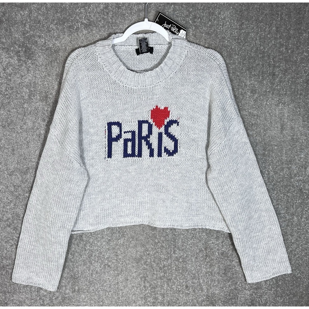 Just Polly PARIS Crop Sweater Womens Size XL Gray Drop Shoulder Long Sleeve New